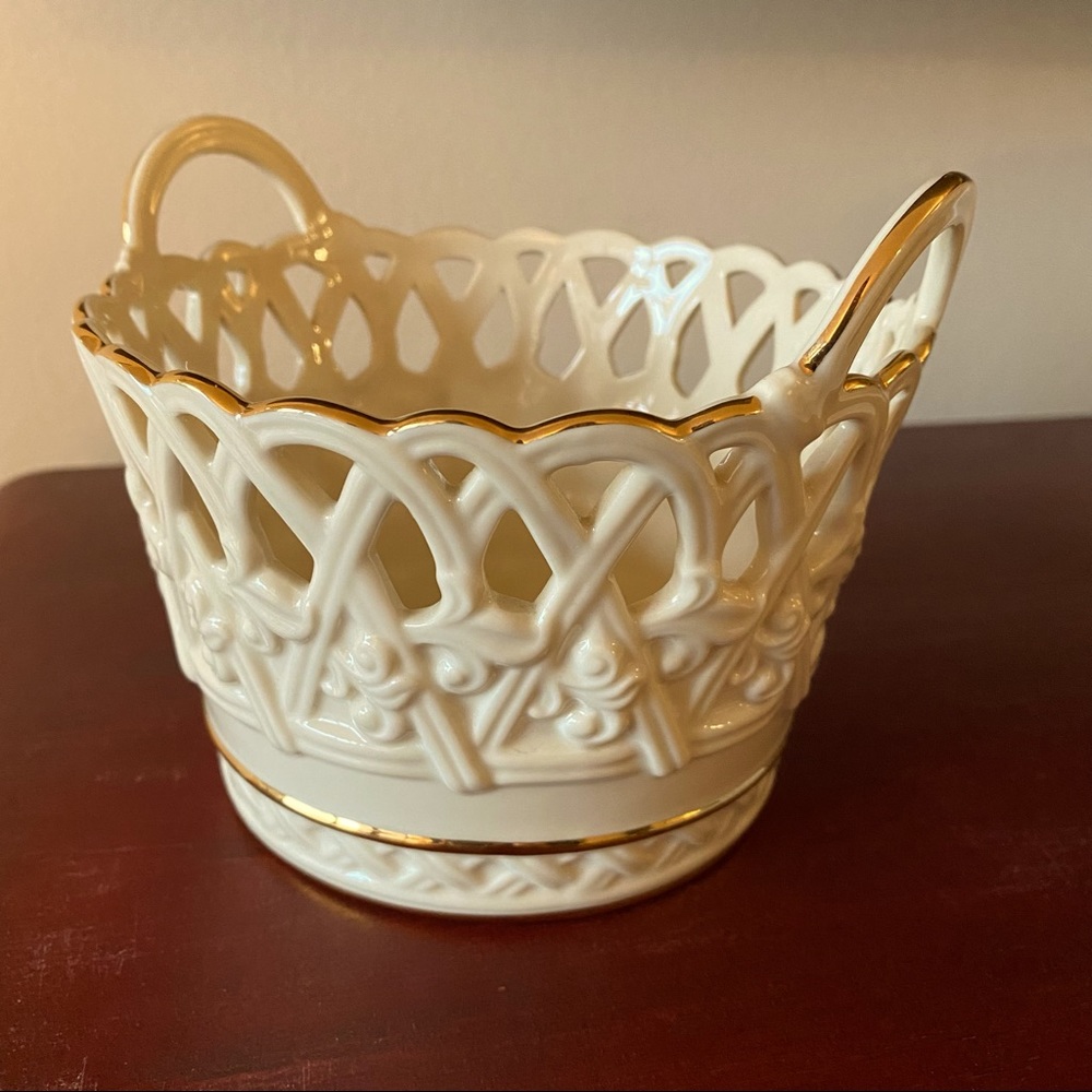 - Lenox dish with handles and gold trim.